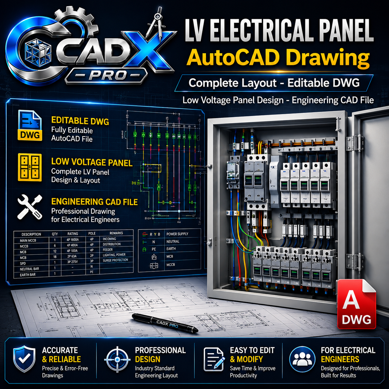 LV Electrical Panel AutoCAD Drawing – Complete Layout – Editable DWG – Low Voltage Panel Design – Engineering CAD File